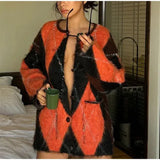 Orange Dimond Pattern Fuzzy Cardigan-Outfit