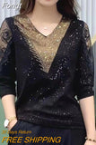 Autumn Hollow Out Lace Pullovers for Women T-Shirt 2023 New Elegant Fashion Temperament Diamonds Chic Long Sleeve