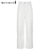 Pockets Patchwork High Waist Jeans Women Streetwear Straight Jean Femme Blue 100% Cotton Cargo