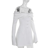 Off-Shoulder Solid Long Sleeve Buttoned Mini Dress-Outfit