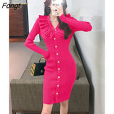 Han Queen Simple Pencil Dress Women Autumn Bottoming Bodycon Dresses Fashion Buttons V-Neck Elastic Knitted Pencil