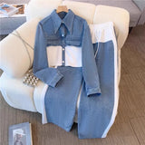 Fongt Splicing Fashion Casual Set Spring And Autumn New Long Sleeve Top + Broad Legs Long Pants Two Sets