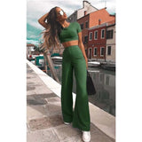 knitted long sleeve o-neck crop top wide leg pants 2 piece set for female women tops pants two pieces sets women's