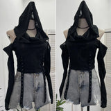 Fongt Shooting Doomsday Wasteland Wind To Make Old Worn Hooded Long-Sleeved T-Shirt Short High-Waisted Umbilly Top 9259
