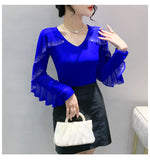 Autumn Ringstones Ruffles Long Sleeve Mesh T-shirt Tee New Female Round Collar Sheath Tops T-shirts for women-Outfit