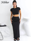 Basic 2 Piece Set Women Tracksuit Hipster Solid Casual Short Sleeve O-neck T-shirts+Matching Hip Skirt Bare Midriff Suit-Outfit