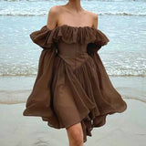 Chiffon Corset Dress Brown Flare Long Sleeve Mini Dresses Vacation Short Party Dress Ruffles Slash Neck Outfit-Outfit