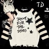 Black White Striped Sweaters Mujer 2024 New Star Letter Print Tops Women Y2k Autumn Long Sleeve Hole Pullovers-Outfit