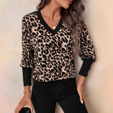 Fongt Leopard-Print Long-Sleeved V-Neck Blouse T-Shirt