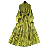 Fongt High-End Retro Lace Splicing Pearl Single Buckle Thin Temperament Collar Lantern Sleeve Dress