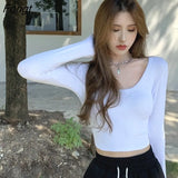 Women Long Sleeve Short T-shirts Solid Deep O-neck Slim Sexy Daily Korean Style Ulzzang Fashion Simple Autumn Female