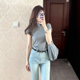 Fongt Blue Retro High Street High-Rise Micro-Rave Jeans Women Summer Elastic Repair Slim Thin Horseshoe Long Pants