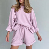 Cotton Sets Women 2020 New Autumn Casual Two Pieces Loose Tops and Short Pants Outfits Solid Tracksuit