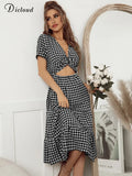 Sexy Summer Dresses For Women 2022 Grid Hollow Out Deep V Neck Midi Party Dress Holiday Fashion Elegant Female
