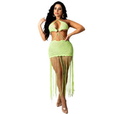 Fongt New Women's Solid Color Knit Sexy Strapless Tassel Beach Dress-Outfit