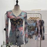 Fongt Shooting Amount Of Bumpy Tulle Spliced Denim Butterfly Design Sunscreen Coat V Collar Short T-Shirt 1965