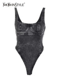 Denim Playsuits For Women Square Collar Sleeveless High Waist Patchwork Solid Minimalist Playsuit Female Summer