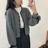 Fongt Retro Simple Temperament Knit Cardigan Female Sleeve Lace Spell Color Edge Single Breasted Soft Waxy Long Sleeve Jacket-Outfit