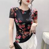 S-3XL Printed Floral Mesh T-Shirts Female O Neck Short Sleeve High Stretch Fashion Slim Tee Tshirts For Women FF6913-Outfit