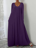 Fongt New Long Dress Casual Loose Short Sleeve Pure Color V Collar Body Size Dress
