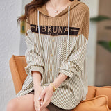 Loose Hooded Striped Blouse Women's Clothing Letter Knitted Patchwork 2023 Spring Autumn Casual Drawstring Pockets Shirt-Outfit