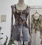 Fongt Retro Oil Painting Wind Dyed Lotus Leaf Side Sling T-Shirts Long Sleeves Drifting Coat 2658