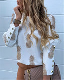 Work Wear Women Blouses Long Sleeve Back Metal Buttons Shirt Casual O-Neck Plus Size Size Tops Fall Blouse Office