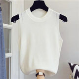 New Fashion Female Sleeveless Casual Thin Tops Ice Silk Knitted Vests Women Tops O-neck Solid Tank White Black Tops