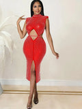 Beautiful Cut-Out Twist Front Slit Crystal Midi Dress Sparkle Summer Mock Neck Sequins Party Dresses Birthday
