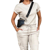 Women's Solid Color Round Collar Top Multi Pocket Jog Pants Set-LZS7514-Outfit