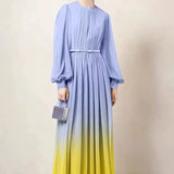 Fongt Elegant High-End Gradient Dress Women Spring Skinny Temperament Folding Long Skirt