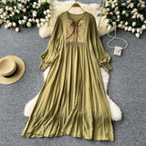 Fongt Industry Embroidery Loose Holiday Dress Women Large Size Show Lean Meat Sweet Tie With Round Lantern Sleeve Dress
