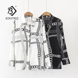 Women Vintage Chain Print Chiffon Blouse Full Sleeve Button Up Turn Down Collar Shirt Casual Office Lady Autumn Tops