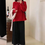 Fongt New 2023 Autumn And Winter Of 2023 Korean Curly Edge Casual Simple Pure Color Round Collar Sweater Women's Fashion Versatile Knit Top-Outfit