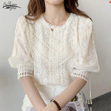 Size Blusas Mujer Elegant Patchwork Crochet Women Shirt Ladies Lace Blouse Lantern Sleeve O-neck Collar Women Tops
