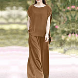 Oversized Summer Trousers Suits 2PCS Women Matching Sets Fashion Short Sleeve Blouse Wide Leg Pants Sets Loose