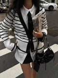 Fongt Women's Black And White Stripes Simple Fashion V-Neck Button Knitted Cardigan Jacket