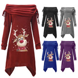 Women's Large-Size Long-Sleeved Christmas Elk Printed Pleated Collar Pleated Irregular Long Tunic-Outfit