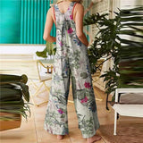 Women Casual Floral Print Strappy Dungarees Vintage Cotton Linen Loose Party Long Harem Overalls Rompers