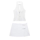 Fongt Women's ZA Summer New Bow Ornament Hanging Neck Vest Skirt Suit