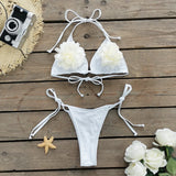 Three-Point Microbikini New Three-Dimensional Flower Split Swimsuit Woman 2025 Strap Solid Color