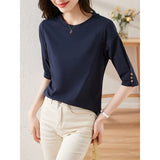 Fongt Design Five Sleeve T Shirt Summer 2023 New Fashion Button Design Five Sleeve T Shirt Women-Outfit