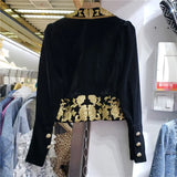autumn new black heavy industry embroidery court style velvet slim fit casual