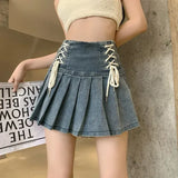 Chic Blue Denim Skirt for Women 2024 Summer New High Waist A-line Skirts Y2k E-Girl Drawstring Bow Faldas Mujer-Outfit