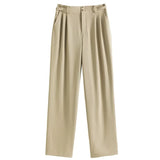 High Waist Straight Long Trousers Loose Waist Full-Length Panst Office Lady Solid Spring Pleated Grey