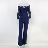 fancy summer fall off shoulder sexy playsuits jumpsuits long sleeve sheer lace patchwork hollow bandage skinny Outfits