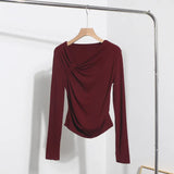 Side Bow Tie Design Folded Long-Sleeved T-Shirt Slim Thin Autumn Dress T-Shirt Short Top