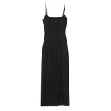 Fongt Cloth Sling Dress 2025 Summer Temperament Dress Dress Open Back Fork And Medium Long Fan Skirt