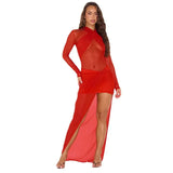Fongt Women's Sexy Cross-Sling Perspective Mesh New Red Collar Body-Body-Gendered-In-Sight Dress Woman