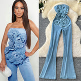 Fongt And Summer Ins Heavy Industry Three-Dimensional Flowers Sleeveless Breasts To Close The Waist Of The Denim Jump Trousers Trousers Trousers Woman